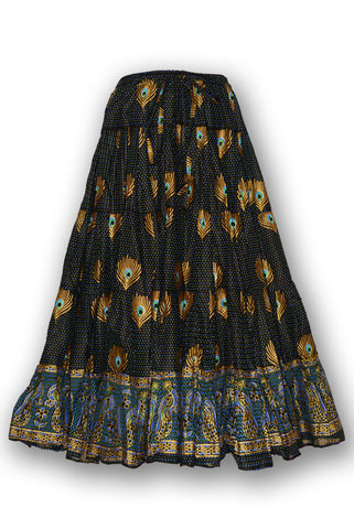Black Cotton skirt – Peacocks and feathers blockprint