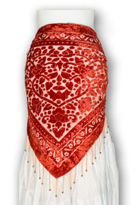 Red velvet hip scarf - beaded fringe